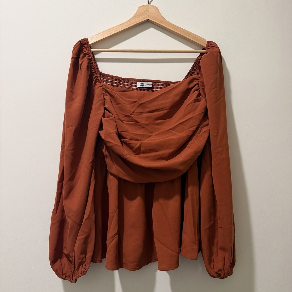 Cupshe Womens Burnt Orange Blouse Smocked Puff Sleeve Top Peplum Boho NWOT